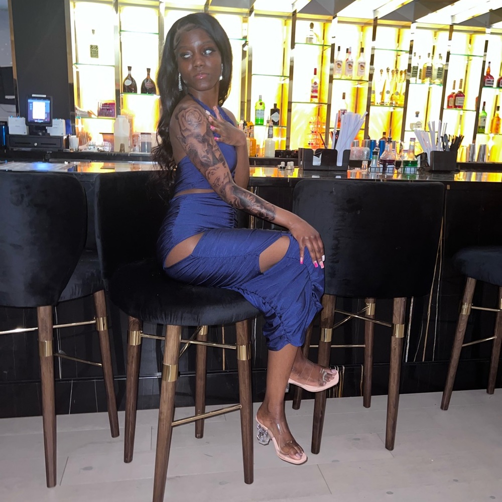 Navy blue silk long strapless dress